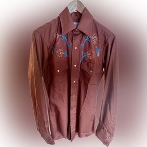 Vintage Men’s Mustang Western Shirt, Brown with Embroidery, Small